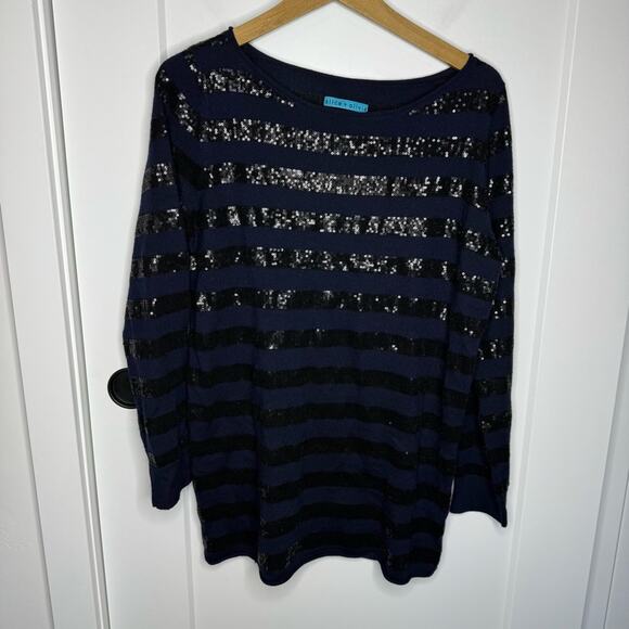 Alice + Olivia 100% Wool Sequin Navy Blue Black Striped Sweater Size Medium - Picture 1 of 5